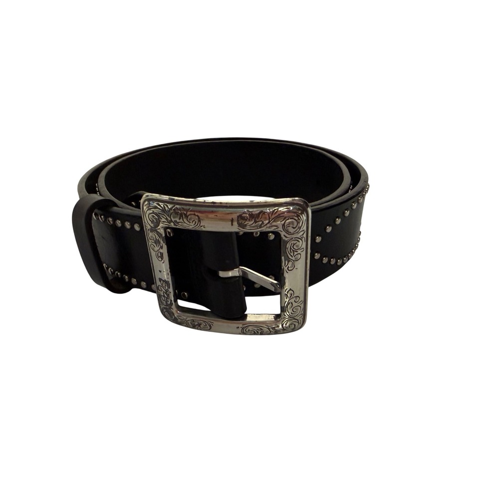 Brighton Black Leather Studded Western Belt Size 32 Engraved Silver Buckle Y2K